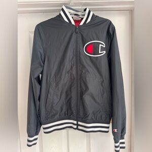 Vintage Champion Windbreaker Black Jacket with Red and White Accents Small